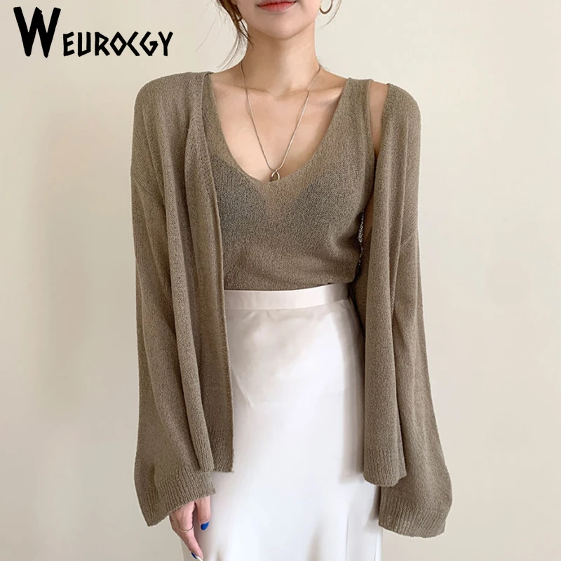 2023 Spring Autumn Sunscreen Knit 2 Piece Sets Women Outfit Solid Thin Bottoming Tank Top Loose Open Stitch Long Sleeve Cardigan