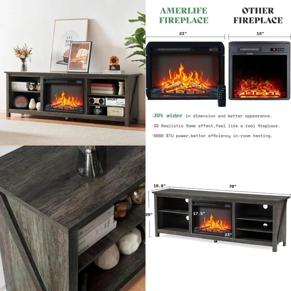 

Rustic Wood-Grain Electric Fireplace TV Stand, 23 Farmhouse Style Media Console with Entertainment Center