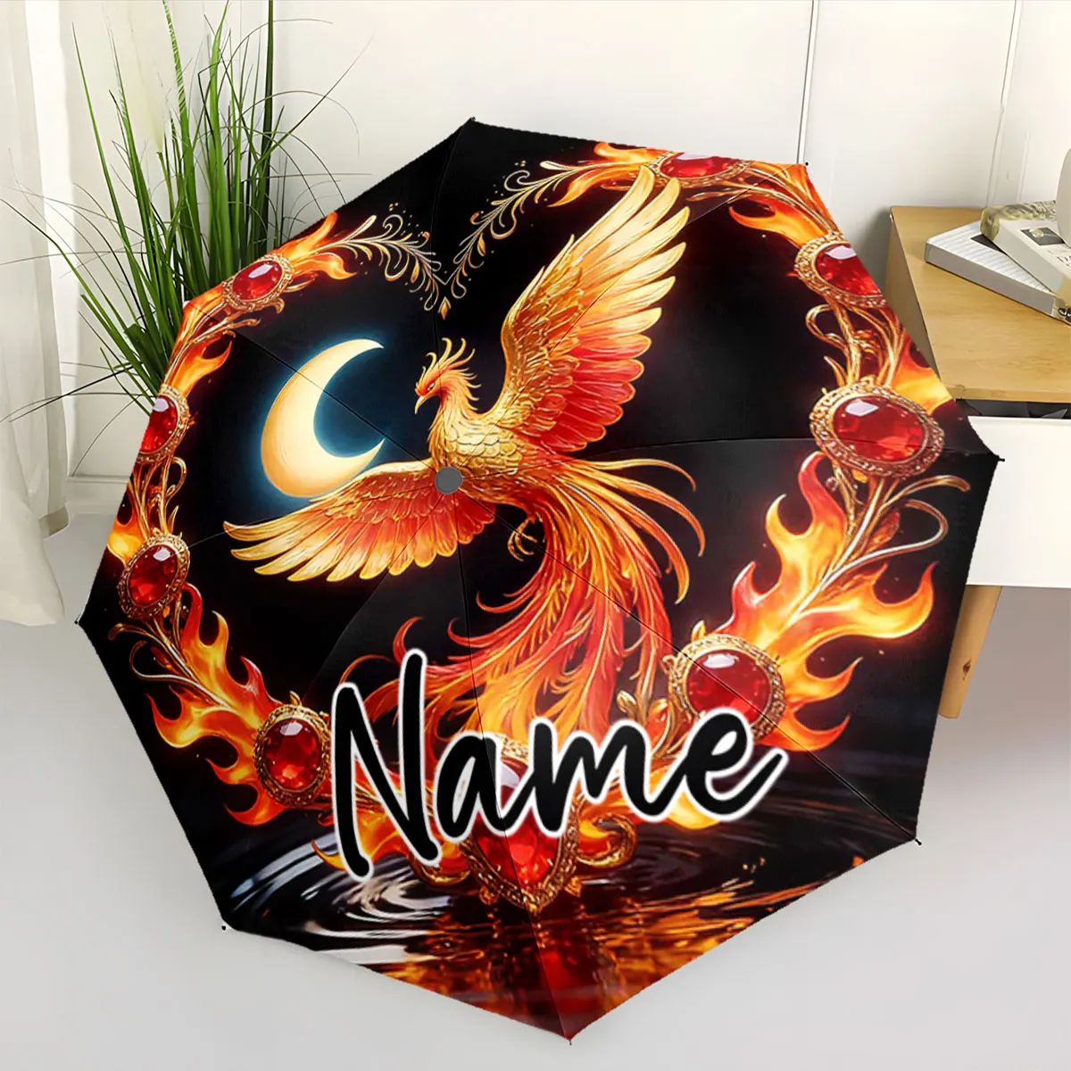 Custom Name Phoenix Umbrella with Fiery and Moonlit Design Print 8 Iron Ribs Folding Umbrella Auto-Open Fashion Sunshade