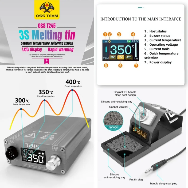 

C245 Soldering Station with Rapid 3S Heating 120-450°C Constant Temperature Control Anti-Scalding Electronic Welding Rework Tool