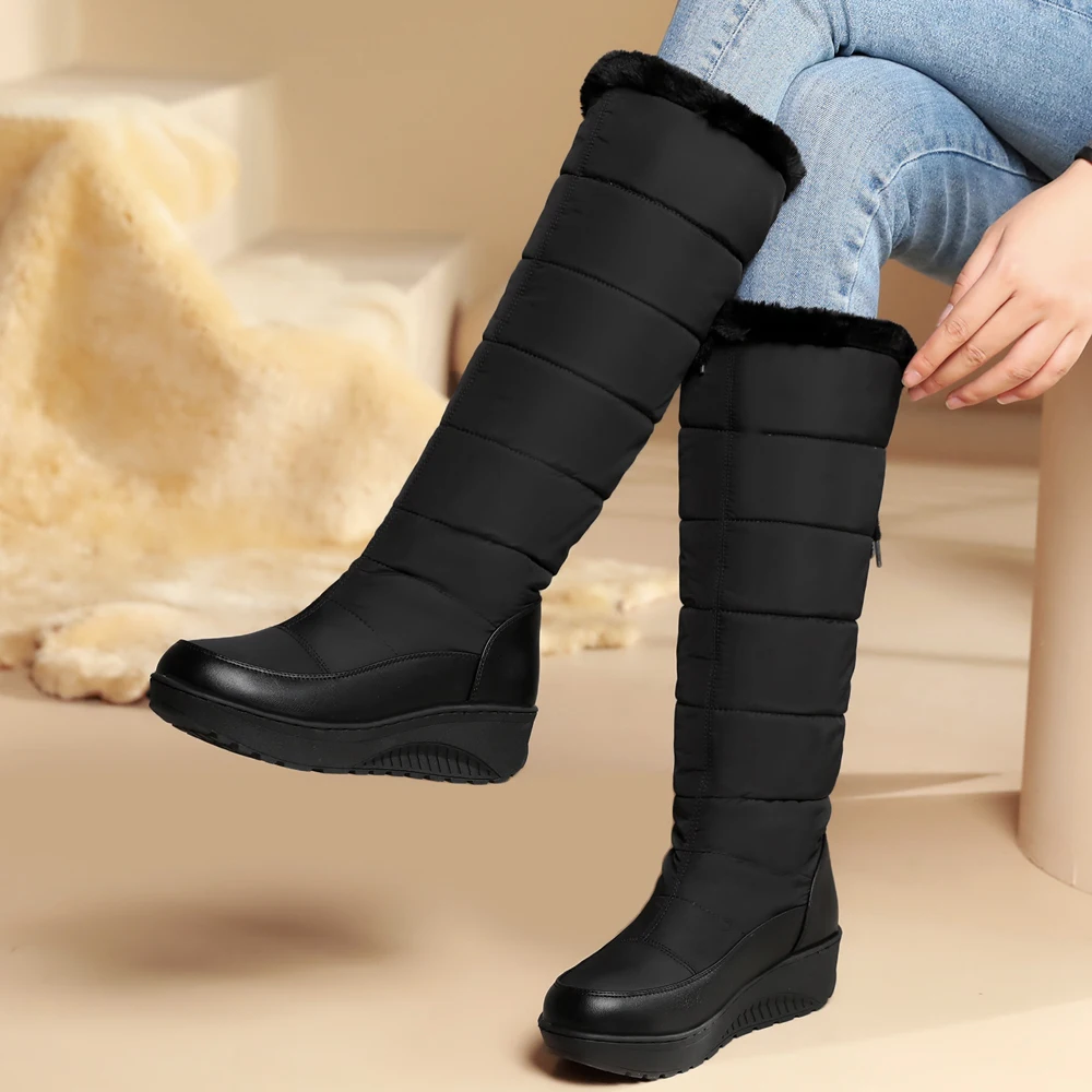 New Fashion Women Winter Knee High Boots Low Heels Platform Shoes Snow Boots Ladies Fur Luxury Wedges Black White Plus Size