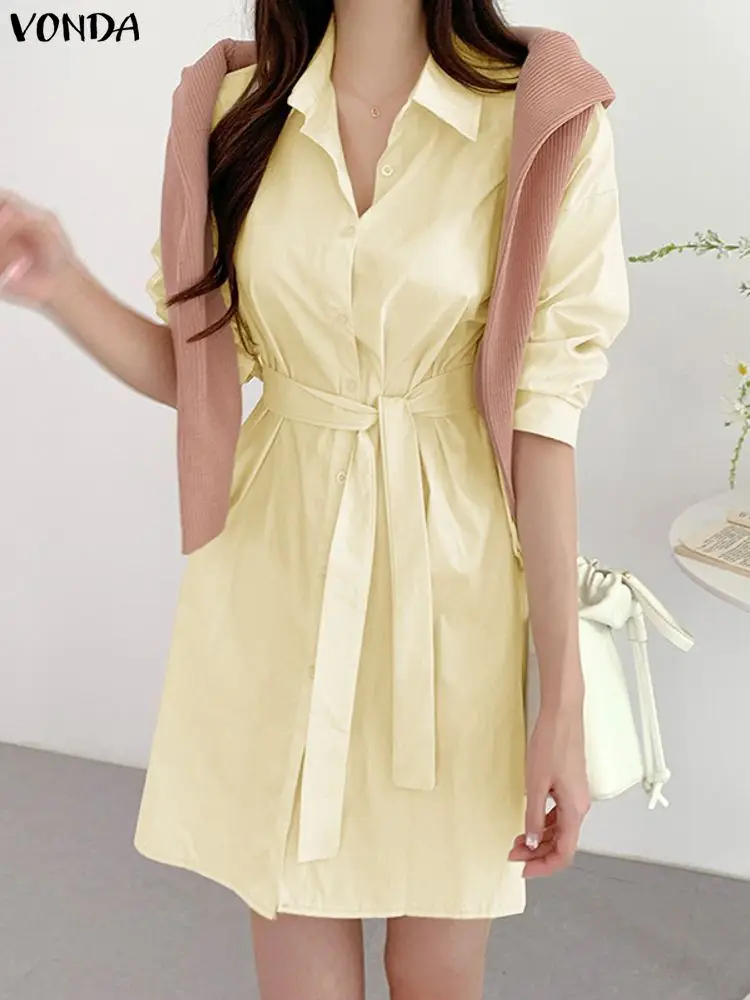 

VONDA Elegant Shirt Dress Women Autumn Long Sleeve Vestidos 2025 Fashion Casual Mini Sundress Solid Buttons Belted Robe