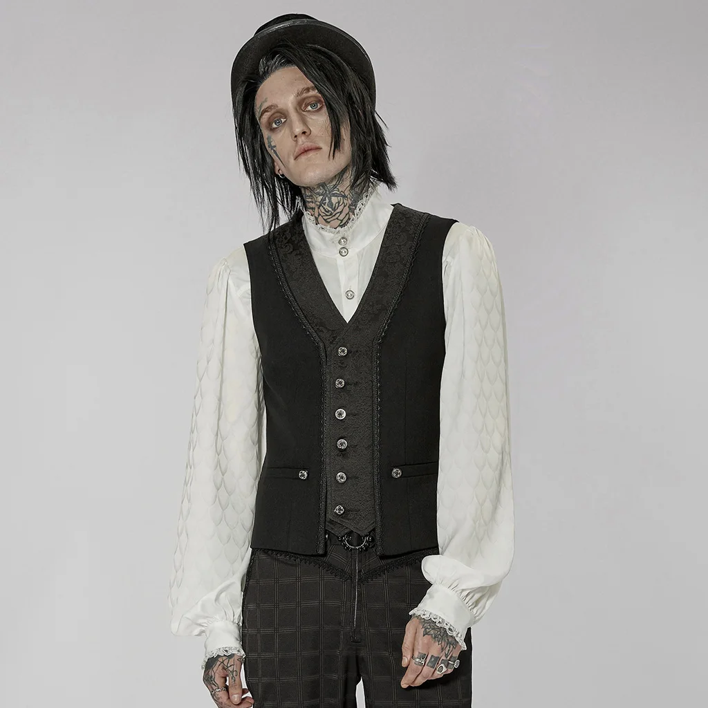 

PUNKRAVE Men's Waistcoat Gothic Patchwork Vest Gorgeous Fashion Vo-neck Party Dinner Short Waistcoat