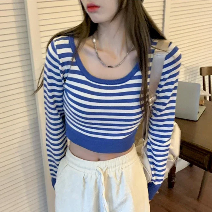 Women stripe Knit sexy O-Neck Sweater spring Autumn black blue Sweaters Femme Y2k long sleeve Pullover crop Top Fashion Clothes