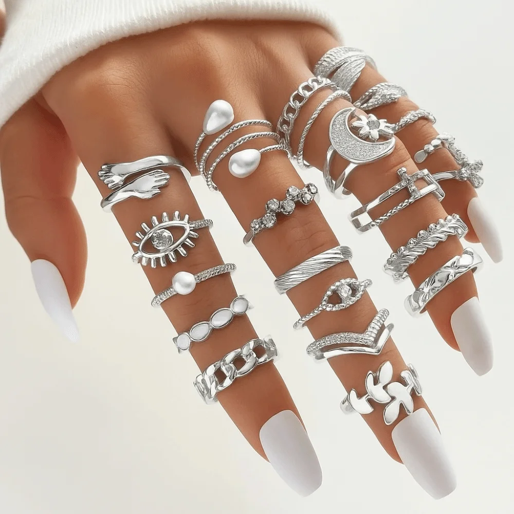 23 Pcs/Set Vintage Punk Ring Set Gold/Silver Multi-Layer Stackable Geometric Knuckle Rings Set Pearl Ring Set