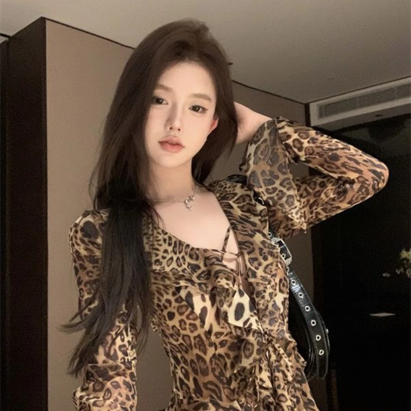 Y2K Leopard Print Slim Irregular Shirt Tops Spring Summer New Long Sleeve Printing Sexy Blouse Vintage Fashion Women Clothing