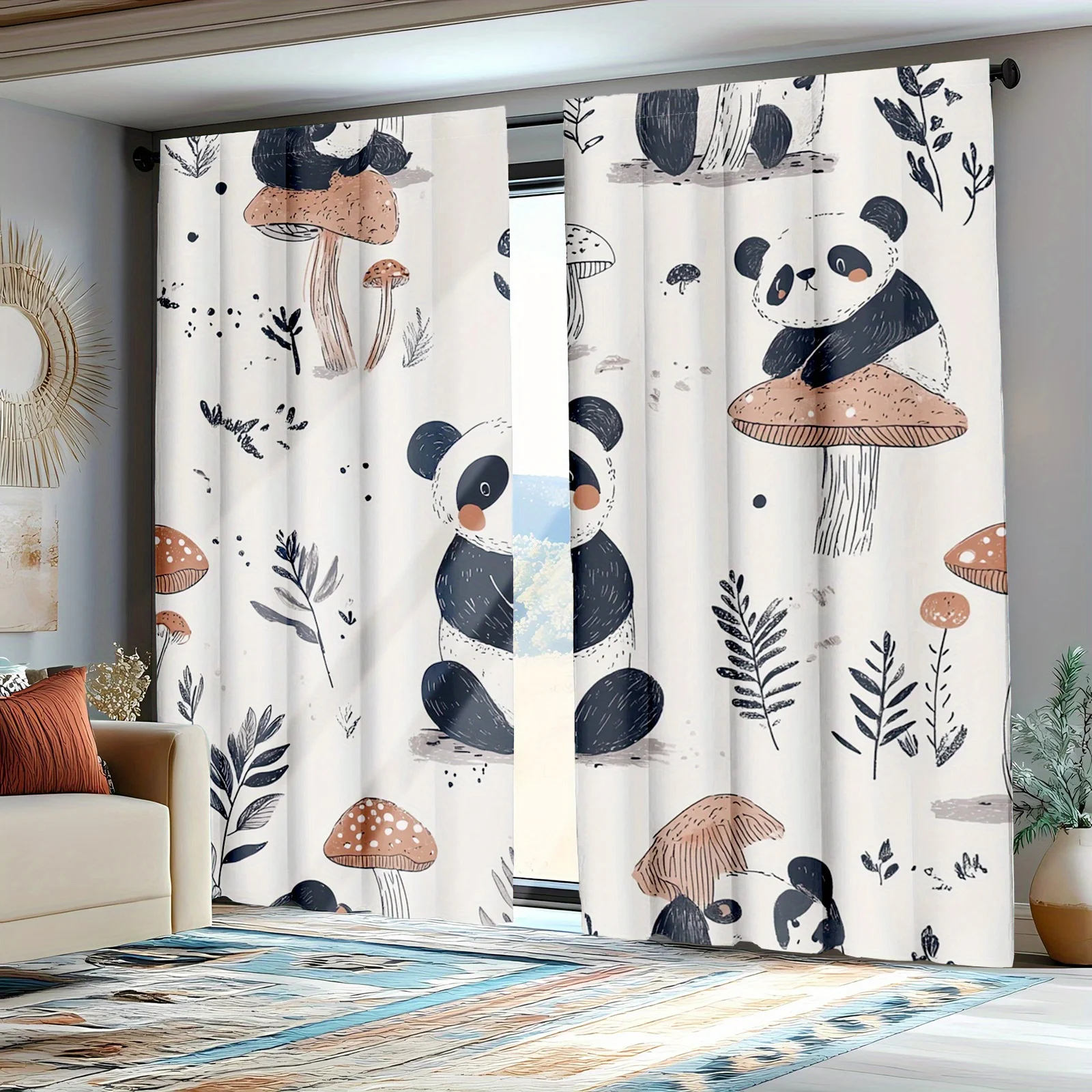 2pcs Black White Panda Curtains, Animal Design with Mushroom PrintWindow Treatments Decorative curtains