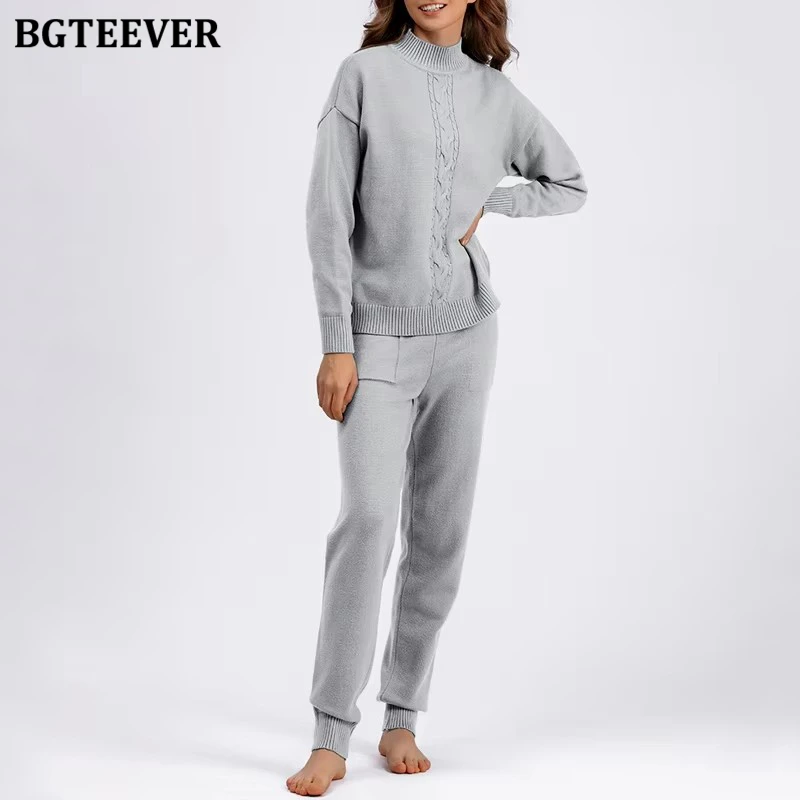 

BGTEEVER Зимний женский вязаный костюм: свитер с длинным рукавом и брюки на шнурке, комплект из двух предметов