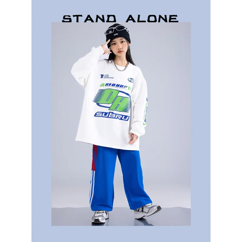 Hip Hop Kinder Cool Drum Kit Junge Jazz Dance Kostüm Mädchen Rundhals Schwarz Weiß Langarm Blau Hosen Anzug