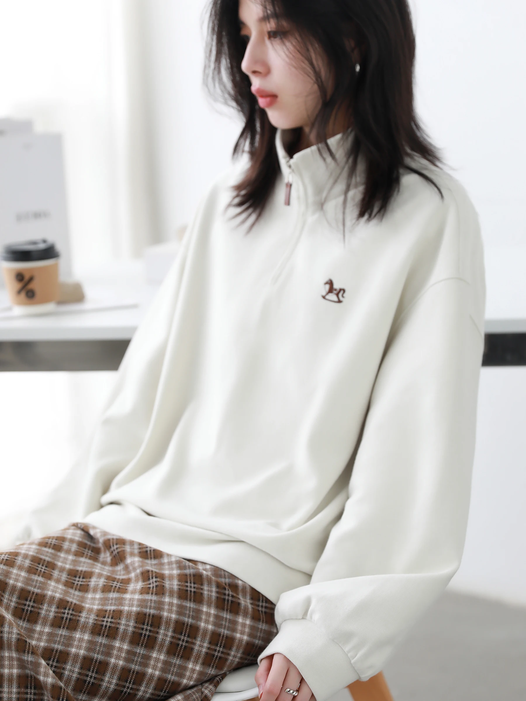 CHIC VEN femmes sweats mode décontracté col montant broderie demi fermeture éclair à manches longues pulls printemps automne nouveau 2025