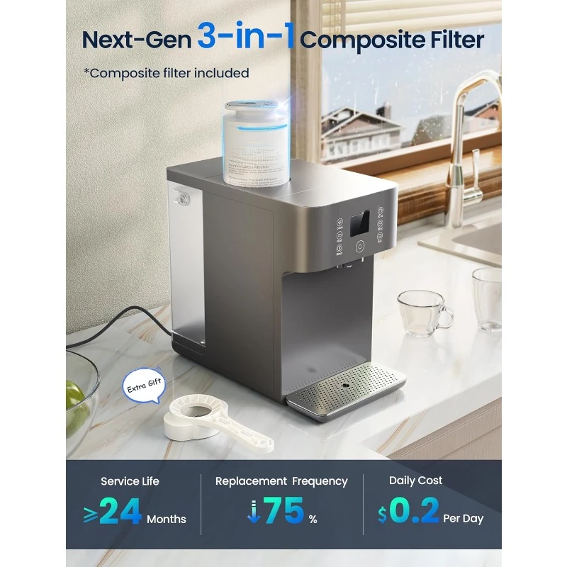 Home Water Purifier,  8 Stage Nano RO Water Filtration System,4:1 Pure to Drain Ratio, No Installation Required, Grey