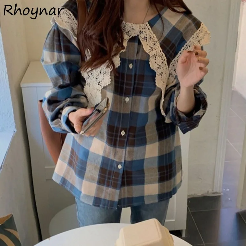 

Plaid Shirts Women Autumn Students Patchwork Peter Pan Collar Loose Soft Button Designed Retro Casual All-match Ulzzang Daily