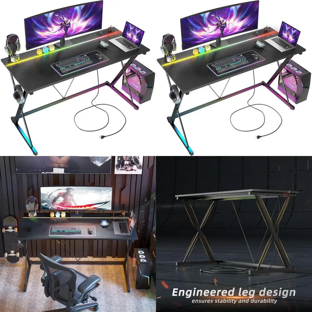 

40 LED-lit Ergonomic Carbon Fiber Gaming Desk with Power Outlets and Headphone Hook, Perfect for PC Gaming and Kids' Bedroom