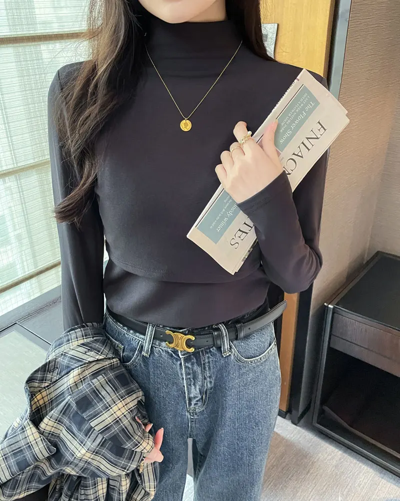 Turtleneck Plus Velvet Thermal Maternity Nursing Tees Slim Breastfeeding T-shirts for Pregnant Women Pregnancy Bottoming Tops