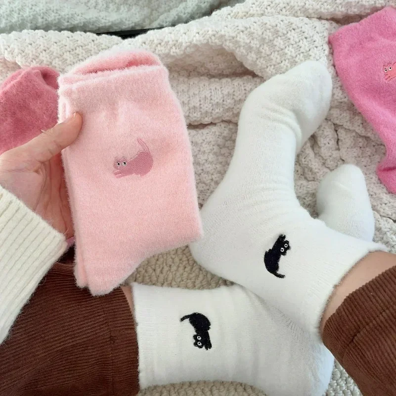 New Cute Cat Mink Fleece Super Soft Socks Women Winter Warm Thicken Plush Middle Tube Socks Thermal Cozy Sleep Floor Kawaii Sock