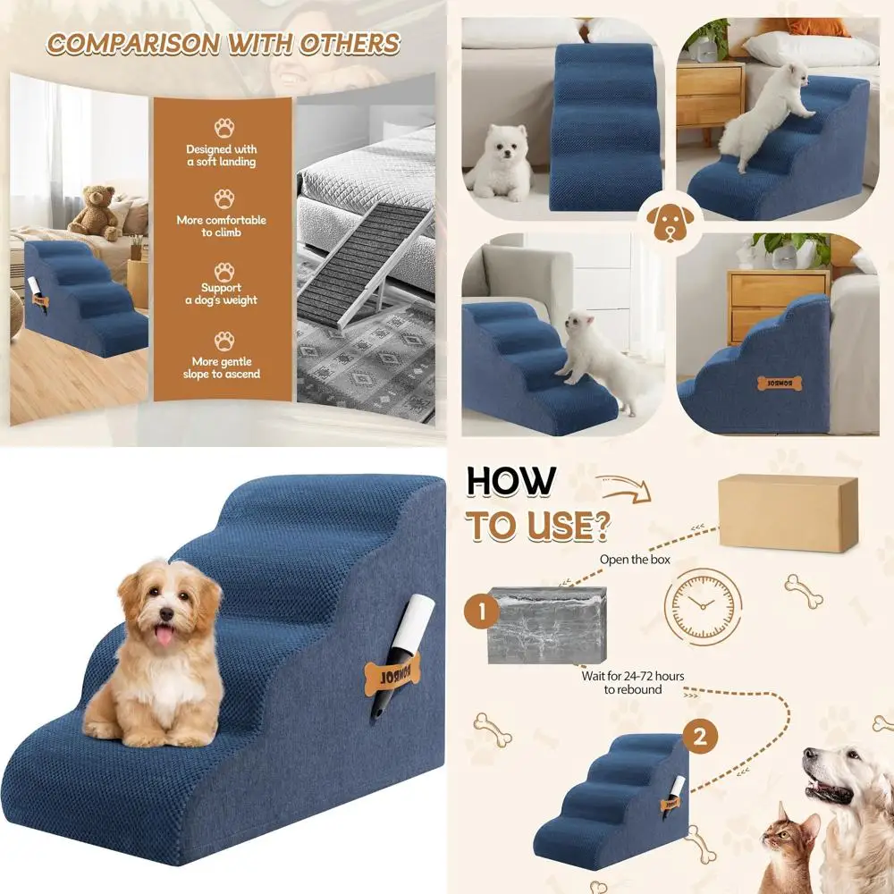 

Рампа для ступеней домашних животных для высокой мебели, нескользящая, водонепроницаемая, 4-уровневая, подходит для маленьких собак и кошек, пыльно-синяя