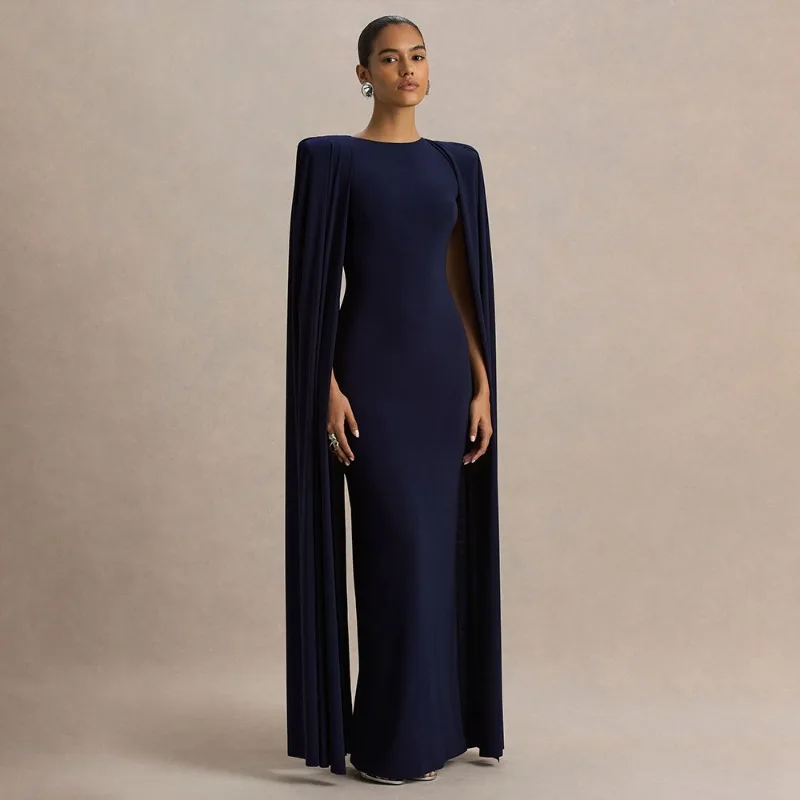

FL New Women’s Party Evening Dress Solid Color Round Neck Pleated Shoulder Fitted Elegant Long Dress Shoulder Pleat Design 2026