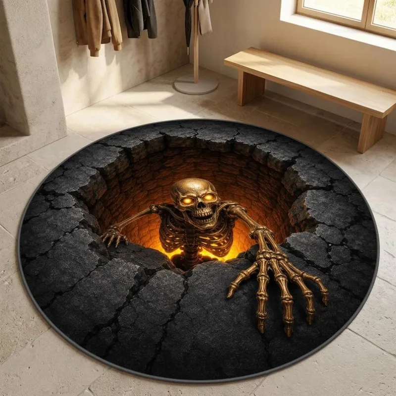 2D Visual Skeleton Deep Pit Round Area Rug Non Slip Horror Illusion Decor Mat Entryway Indoor Soft Floor Carpet for Bedroom
