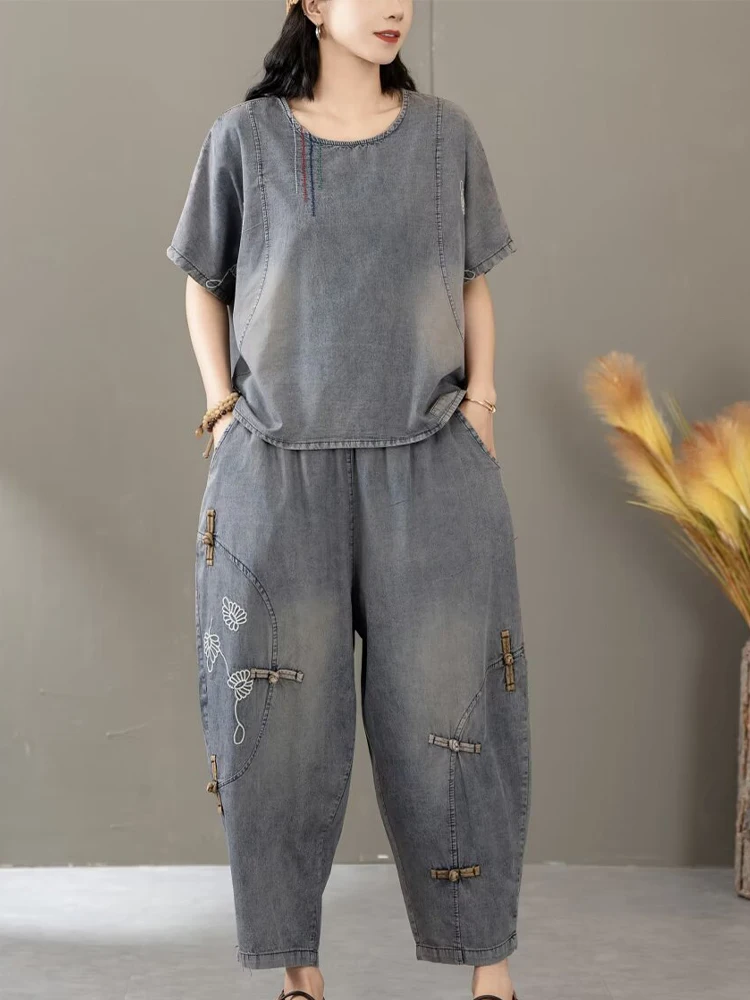 Max LuLu chińskie garnitury damskie letnie dwuczęściowe zestawy na co dzień duże rozmiary Vintage jeansy w stylu Vintage patchworkowe topy klasyczne