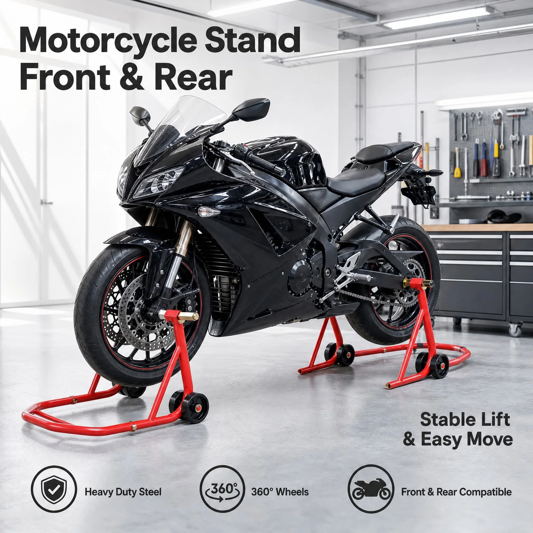 Motorrad-Ständer-Set für Vorder- und Hinterrad, robust, 900 LBS, verstellbarer Paddock-Ständer, Hebestütze für die Wartung und Reparatur von Sportmotorrädern, Radhalterung
