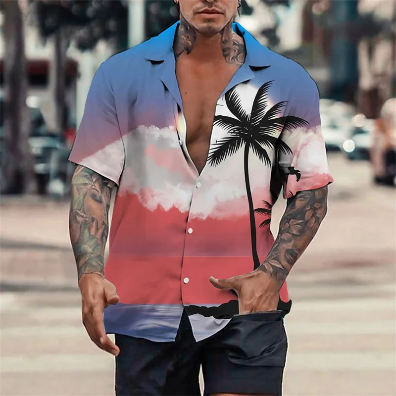 Hawaiian Coconut Tree 3D Printed Oversized Men's Beach Shirts Loose Tees Casual Style Short Sleeve Clothes Fashion Tops Blouse