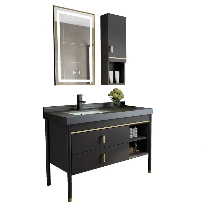 Slate solid wood bathroom cabinet, combination light luxury modern simple smart mirror face wash basin toilet wash table