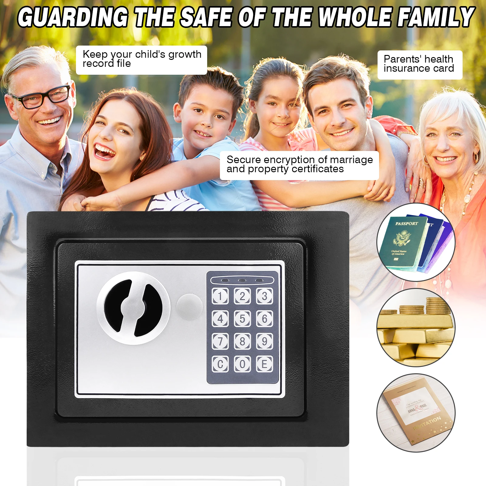 BRIEFNESS Black Electonic Safe Box With Electronic keypad with backup key Wall-mounted floor Safe 4.6L/8.5L/16L