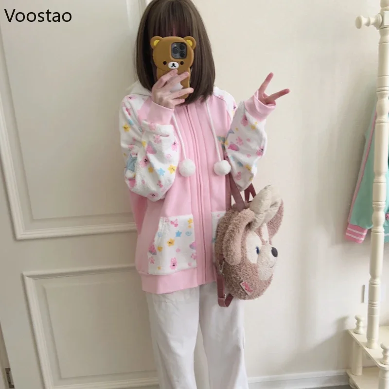 Harajuku Zip Hoodies Women Japanese Sweet Lolita Sweatshirts Kawaii Cartoon Print Y2k Hooded Overcoat Korean Fashion Clothes Top