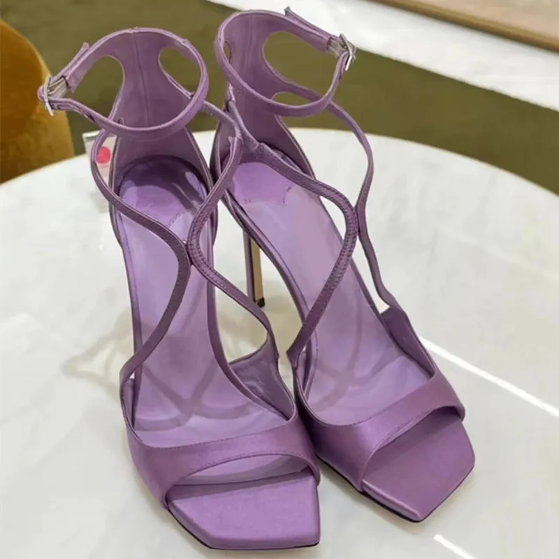 Star style Purple Satin Women Sandals Sexy Narrow Band Ankle Strap Stiletto High heels Gladiator Sandalias Summer Banquet Shoes