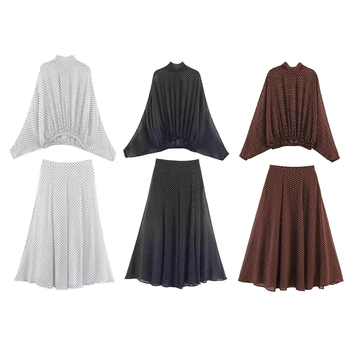 Conjunto de Blusa y Falda con Estampado de Lunares para Mujer ETJ, Primavera 2026, Cuello Alto, Manga Murciélago, Lazo Transparente en la Parte Delantera, Vestido Midi con Corte en A