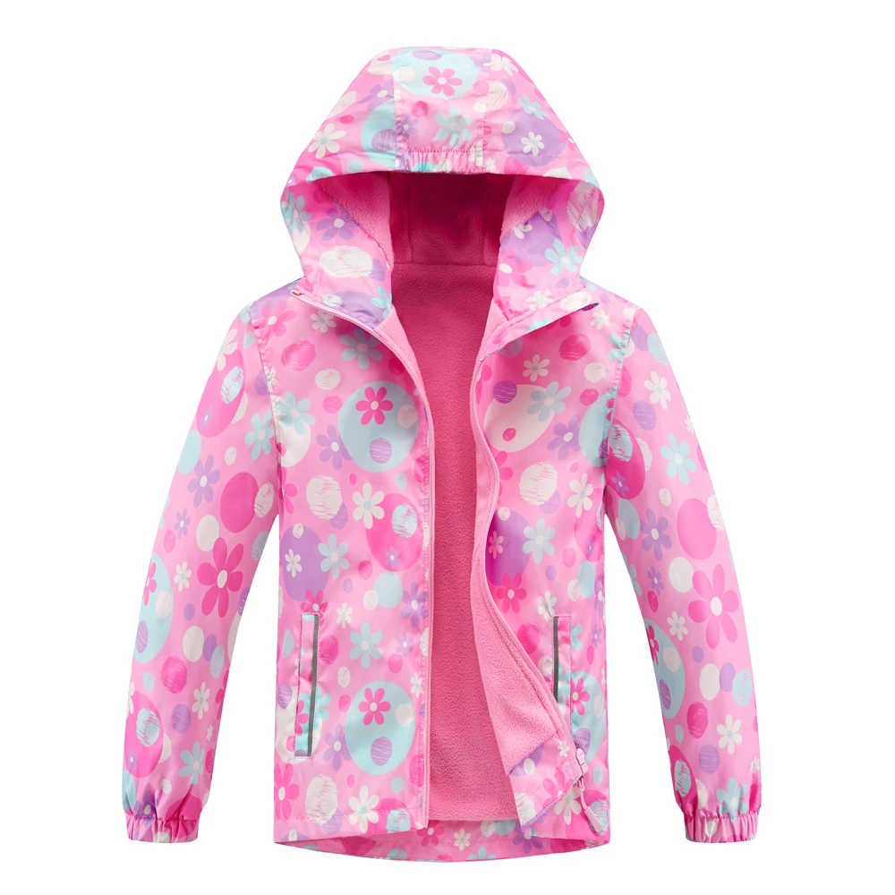 Autumn Children Plush Lined Windproof Coats 4-12T Spring Girls Full Sleeves Hooded Outer Jackets Pockets Elastic Cuffs Outerwear