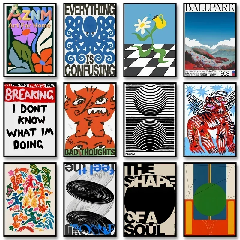 

Настенный холст с ретро-психеделическим мультяшным рисунком AZNM, яркий постер с принтом в виде осьминога, дьявола и тигра, абстрактный цветочный принт в клетку B