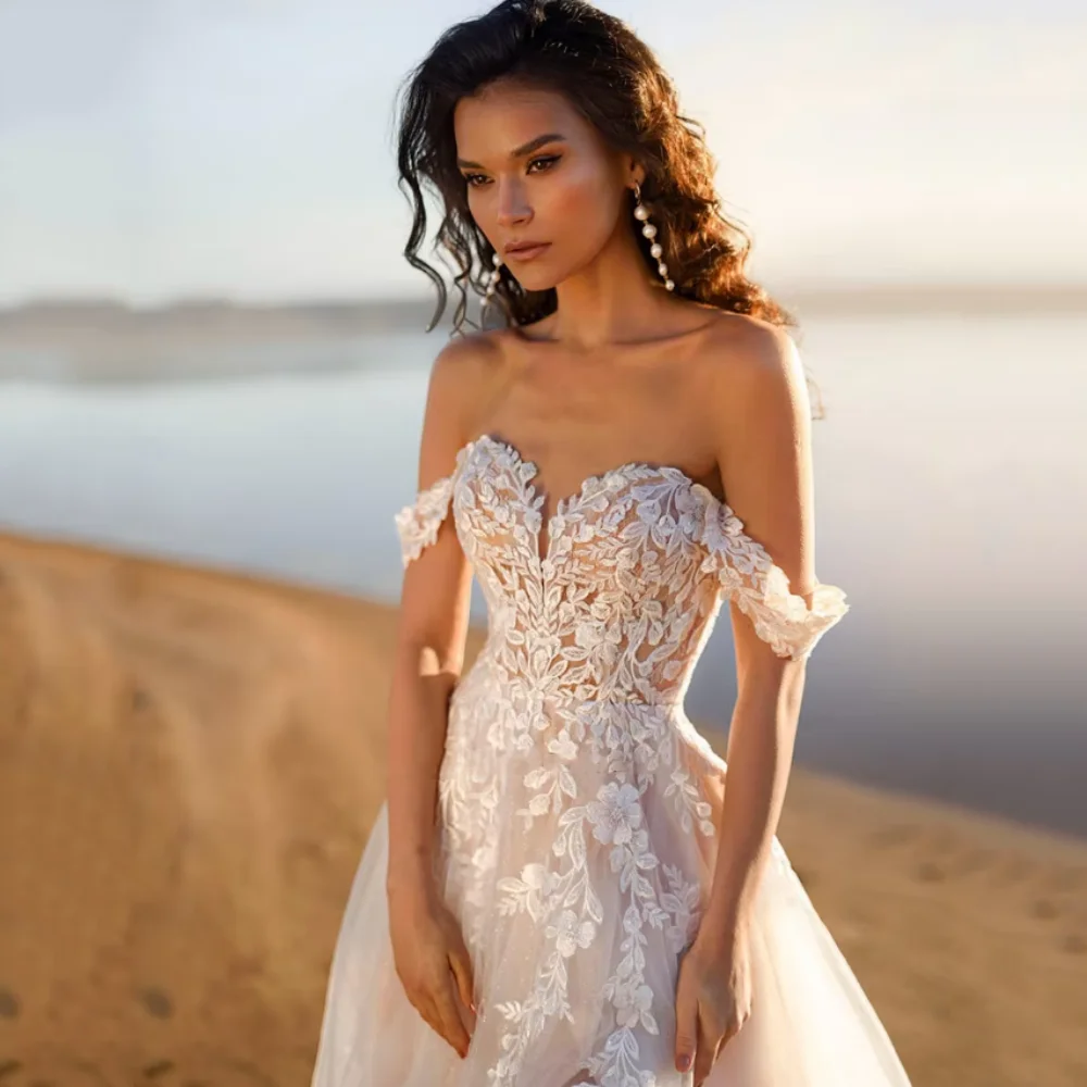 

Свадебное платье в богемном стиле по индивидуальному заказу, тюлевая аппликация, трапециевидное платье невесты с разрезом, свадебные платья на пуговицах с открытыми плечами, платья de novia