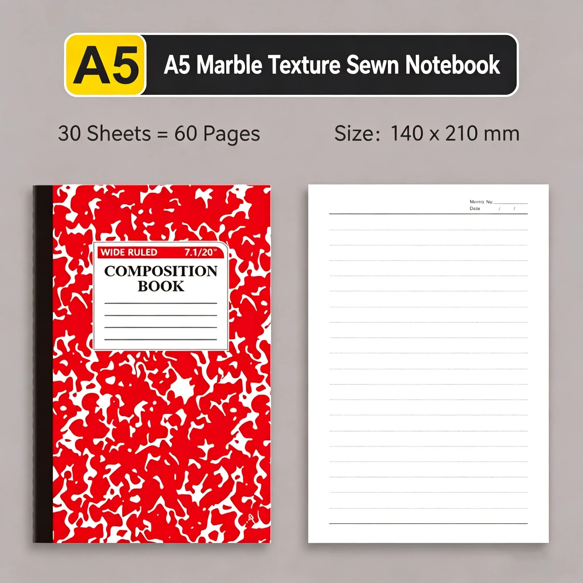 3pcs A5 Composition Notebook , Marble Cover, Wide Ruled, 30 Sheets(60 Pages), Random Color, Sewn Binding School Exercise Journal