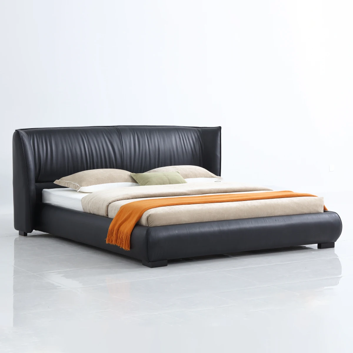 #For Italian luxury leather bed set furniture bedroom high-end popular comfortable elegant black bed solid wood king bed frame