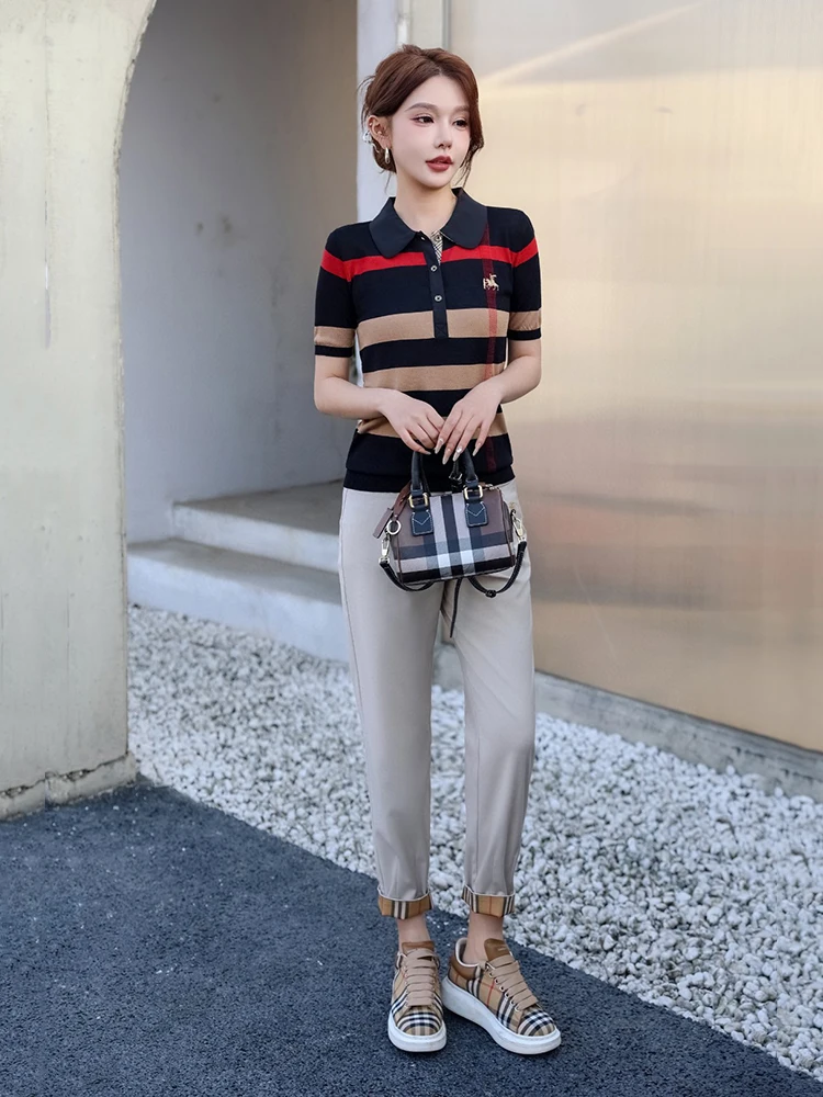 

Summer 2025 British Style Slim Fit Women's T-Shirt Knitted Short Sleeve Turn-down Collar Striped Top Casual Commute Fashion