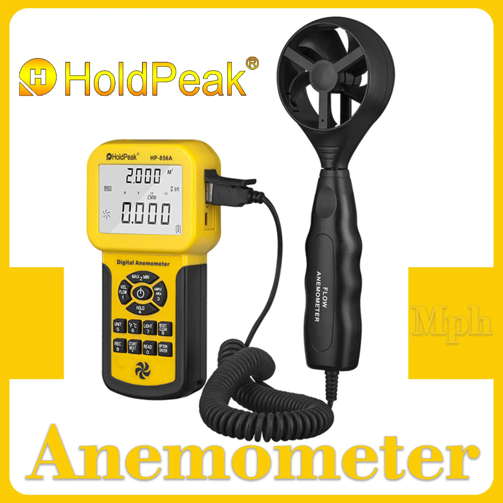 Цифровой анемометр с выдвижным датчиком, измеритель скорости ветра, подключение к ПК, хранилище данных 600, макс./мин/Avg