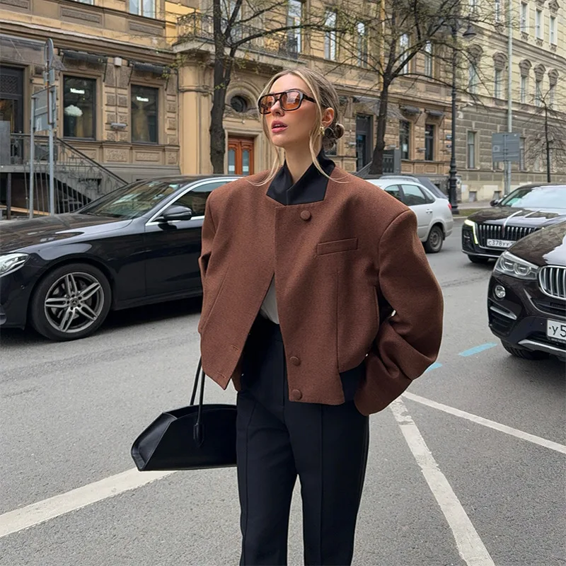 

2025 Fall Winter Women's Cropped Wool Blend Jacket Vintage Chocolate Brown Casual Streetwear Retro Coat Urban Style Outerwear