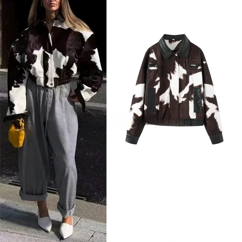 

Fall Winter New Women's American Street Sle Collared Long Sve Patchwork PU Leather ort Jaet Coat Ladies Faion