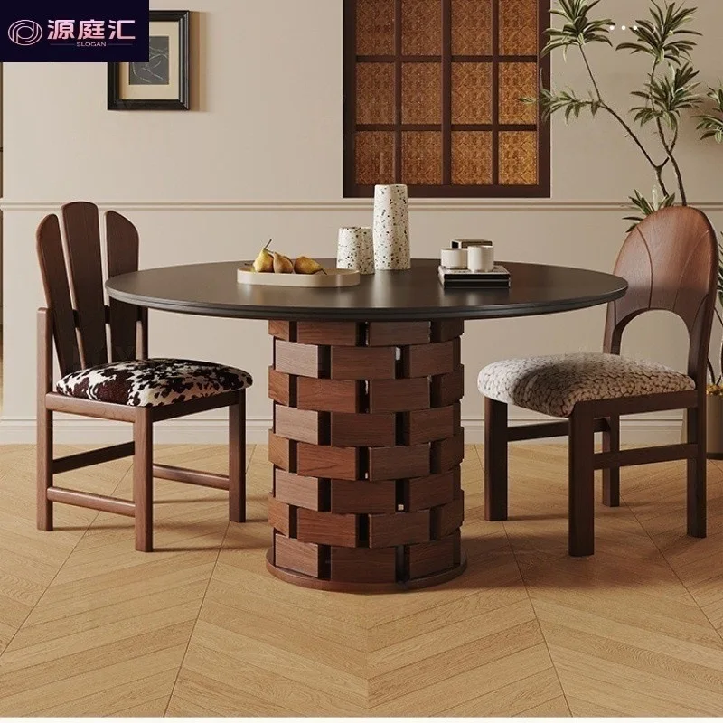 

French retro solid wood rock slab round table eating table household small apartment dining table medieval wabi black dining tab