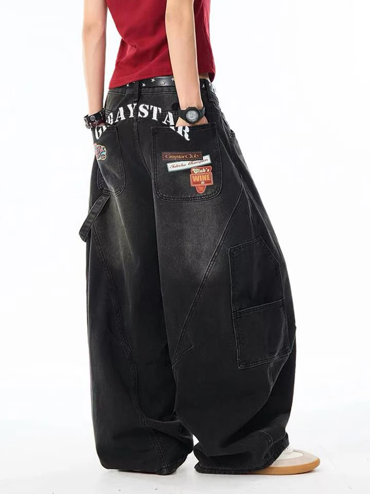 

Y2K Черные джинсовые брюки-карго с принтом Женские винтажные уличные свободные широкие ковбойские брюки Хип-хоп Высокая талия Промытые прямые джинсы