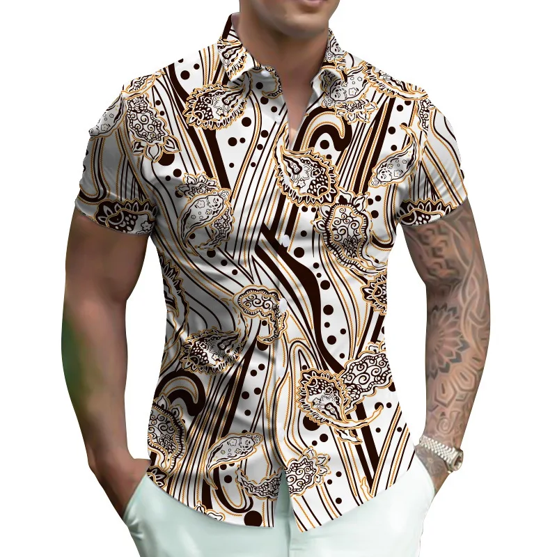 New Men's 3D Printed European and American Retro Short Sleeved Cardigan Collar Shirt