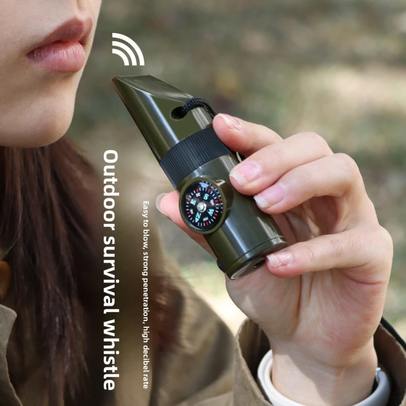 Outdoor-Camping-Multifunktionspfeife, Rucksack-Überlebenspfeife, lebensrettende Pfeife mit Taschenlampe, Thermometer, Kompass