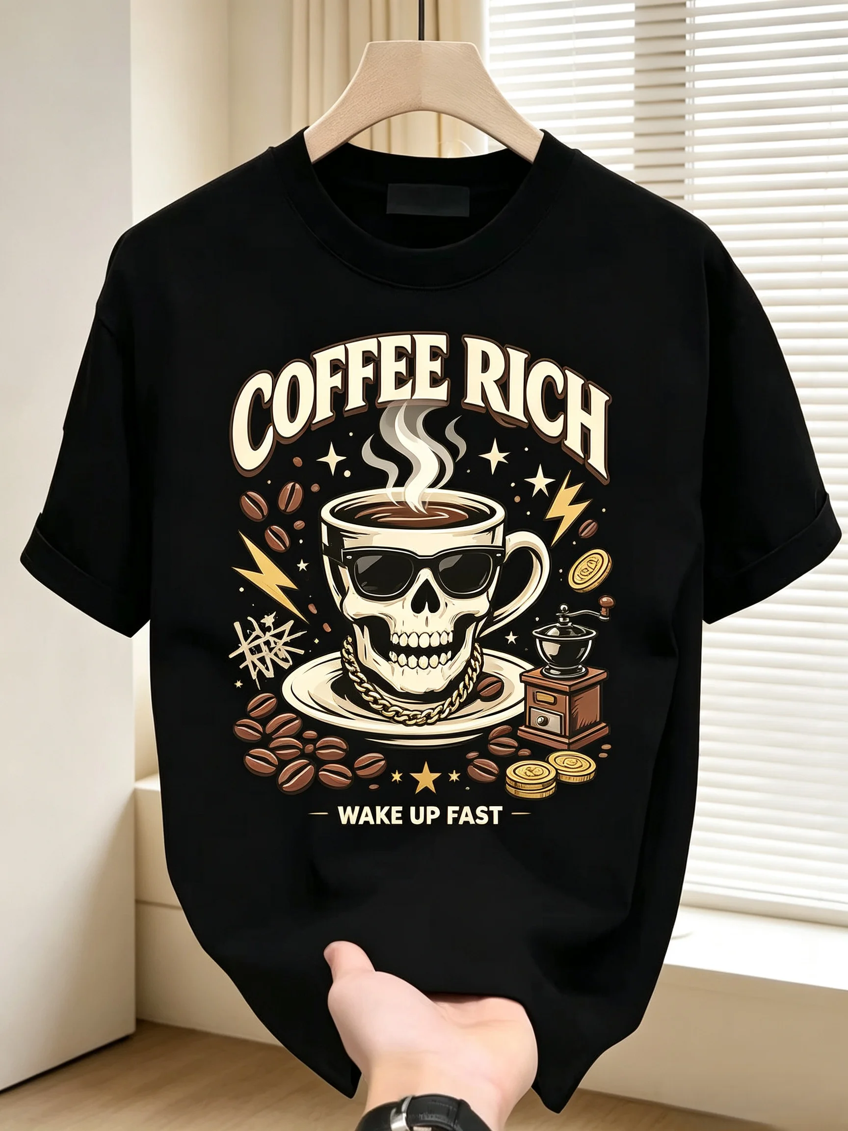 Unisex COFFEE RICH Skull Coffee Cup Graphic T Shirt Men Women Vintage Coffee Lover Hip Hop Short Sleeve Black Streetwear Tee