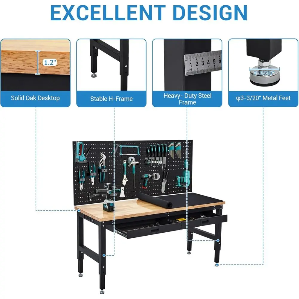 60 Inch Adjustable Work Table, 3000 Lbs acity Rubber Wood Tabletop Workbench, Heavy Duty Work Bench Table with 2 Ders & Pegboard
