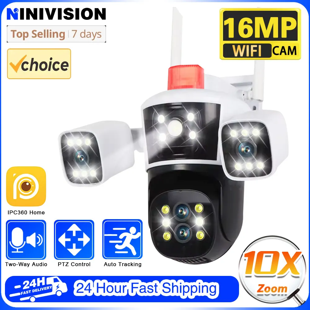 

8K 16MP WiFi IP Security Camera Outdoor Three Screen Video PTZ Surveillance Cam Mini CCTV Video Cam IPC360 Home 10X PTZ Zoom