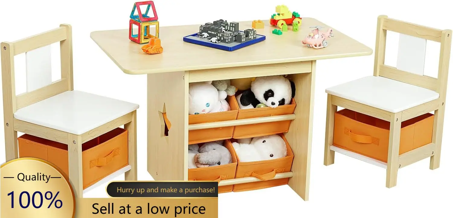 Kids Table and Chair Set: Sturdy with 2 Chairs & 6 Storage Drawers | Wooden Children Activity Desk Group for Drawing Reading Pla