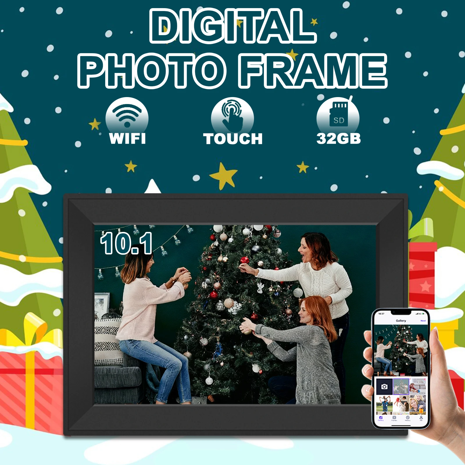 WiFi Digital Photo Frame 10.1 Inch 32GB Smart Digital Picture Frame with 1280x800 HD Touch Screen Digital Frame Christmas Gift