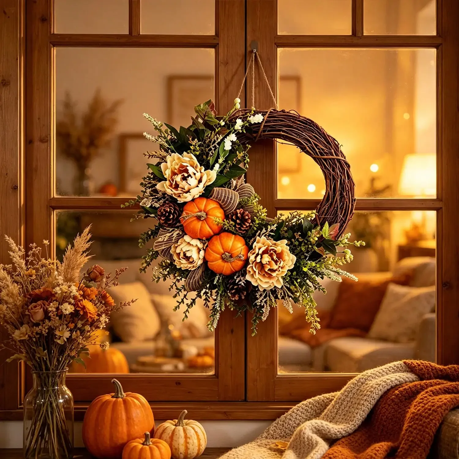 Fall, Thanksgiving Wreaths Decor, Pumpkin Leaves Floral Lovely Doll, Thanksgiving Holiday Decor, Suitable For Front Door, Indoor&Outdoor Decor, Windows, Walls, Family Party, Holiday Party Setup, Winter, Christmas Home Decor, Christmas view 4