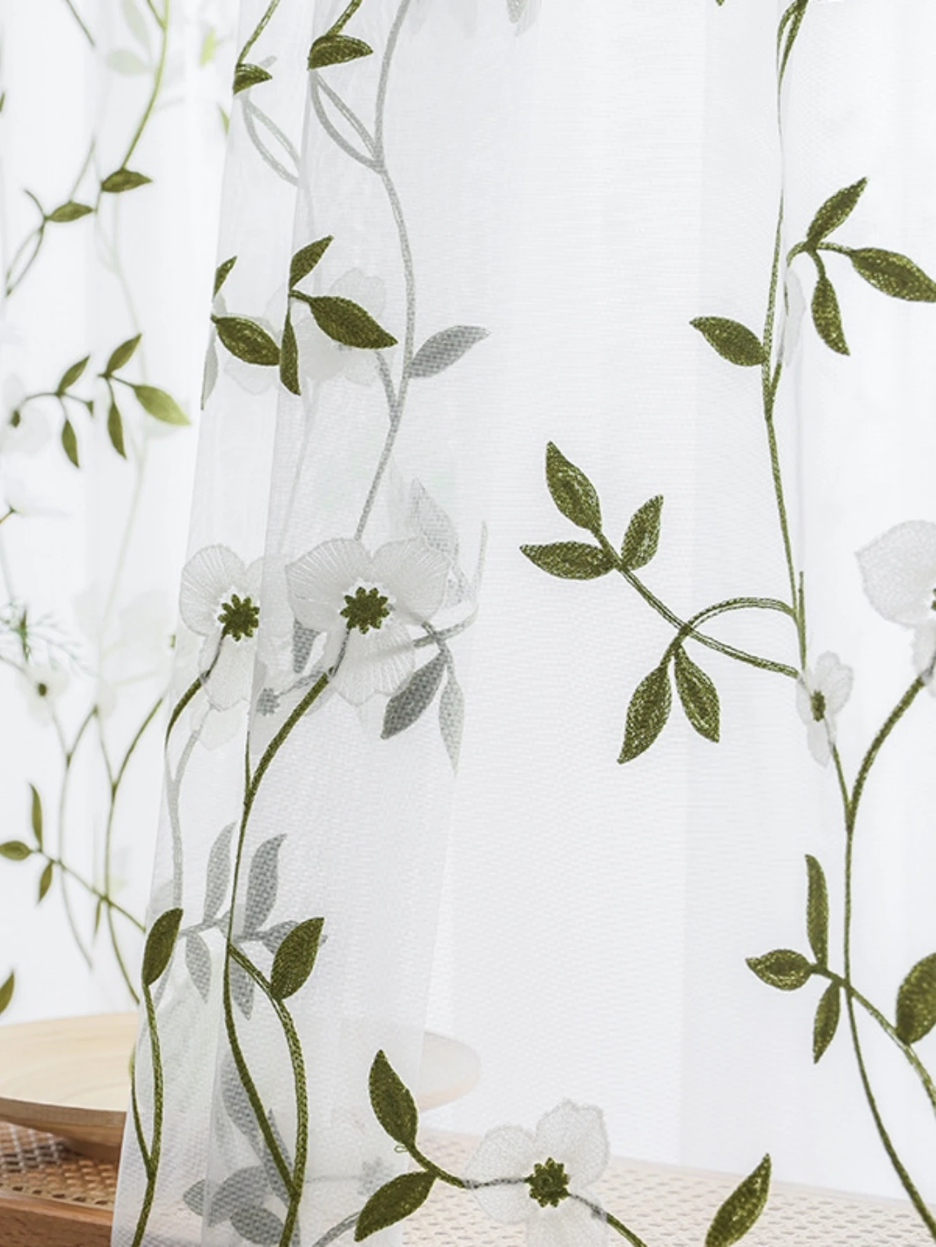American style gauze curtain, green leaves, plant embroidery, living room, bedroom Pastoral small and fresh embroidered yarn